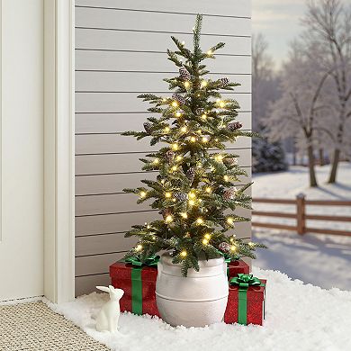 LuxenHome 4Ft Pre-Lit Green Artificial Pine Christmas Tree with Pinecones and Round White Pot