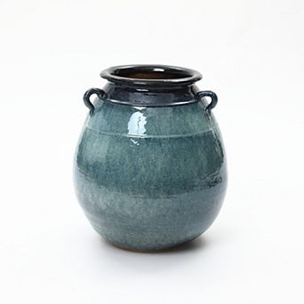 LuxenHome Ocean Blue Ceramic Vase with Handles, 17.5" Tall Rounded Pot for Rustic or Coastal Decor