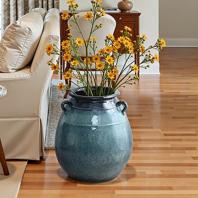 LuxenHome Ocean Blue Ceramic Vase with Handles, 17.5" Tall Rounded Pot for Rustic or Coastal Decor