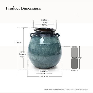 LuxenHome Ocean Blue Ceramic Vase with Handles, 17.5" Tall Rounded Pot for Rustic or Coastal Decor