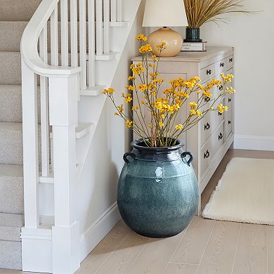 LuxenHome Ocean Blue Ceramic Vase with Handles, 17.5" Tall Rounded Pot for Rustic or Coastal Decor