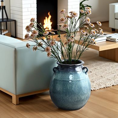 LuxenHome Ocean Blue Ceramic Vase with Handles, 17.5" Tall Rounded Pot for Rustic or Coastal Decor