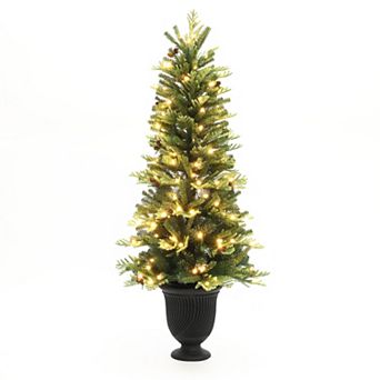LuxenHome 4.5Ft Pre-Lit Artificial Pine Christmas Tree with Pinecones and Black Urn Planter Pot