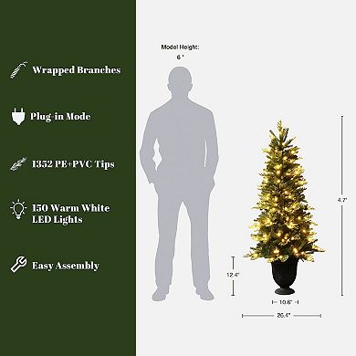 LuxenHome 4.5Ft Pre-Lit Artificial Pine Christmas Tree with Pinecones and Black Urn Planter Pot