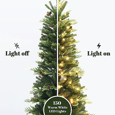 LuxenHome 4.5Ft Pre-Lit Artificial Pine Christmas Tree with Pinecones and Black Urn Planter Pot