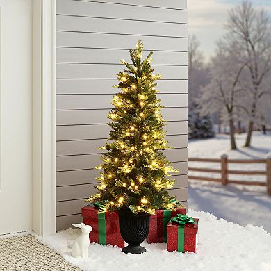 LuxenHome 4.5Ft Pre-Lit Artificial Pine Christmas Tree with Pinecones and Black Urn Planter Pot