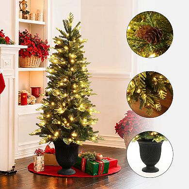LuxenHome 4.5Ft Pre-Lit Artificial Pine Christmas Tree with Pinecones and Black Urn Planter Pot