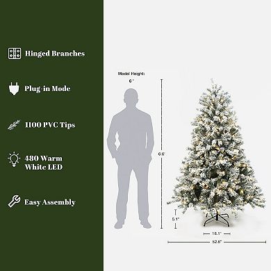 LuxenHome 6.5Ft Pre-Lit Snow Flocked Full Fir Artificial Christmas Tree with 8 Light Functions