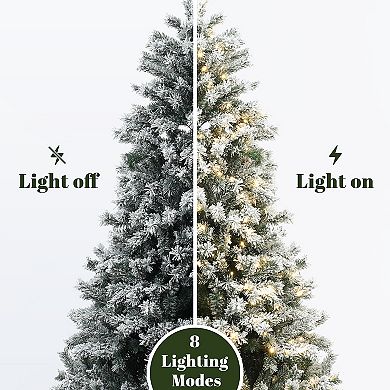 LuxenHome 6.5Ft Pre-Lit Snow Flocked Full Fir Artificial Christmas Tree with 8 Light Functions
