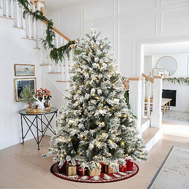 LuxenHome 6.5Ft Pre-Lit Snow Flocked Full Fir Artificial Christmas Tree with 8 Light Functions