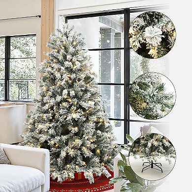 LuxenHome 6.5Ft Pre-Lit Snow Flocked Full Fir Artificial Christmas Tree with 8 Light Functions