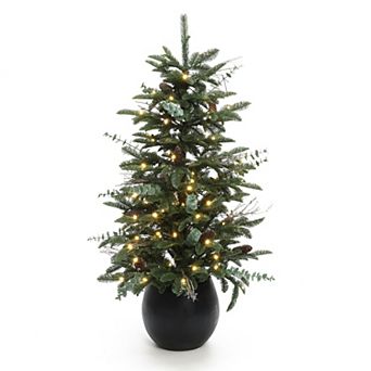 LuxenHome 4Ft Pre-Lit Green Artificial Pine Christmas Tree with Pinecones and Round Black Pot