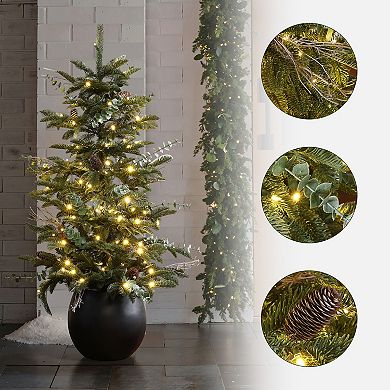 LuxenHome 4Ft Pre-Lit Green Artificial Pine Christmas Tree with Pinecones and Round Black Pot
