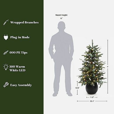 LuxenHome 4Ft Pre-Lit Green Artificial Pine Christmas Tree with Pinecones and Round Black Pot