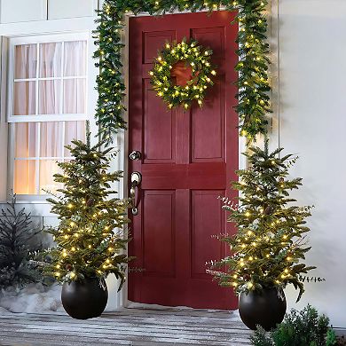 LuxenHome 4Ft Pre-Lit Green Artificial Pine Christmas Tree with Pinecones and Round Black Pot