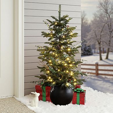 LuxenHome 4Ft Pre-Lit Green Artificial Pine Christmas Tree with Pinecones and Round Black Pot