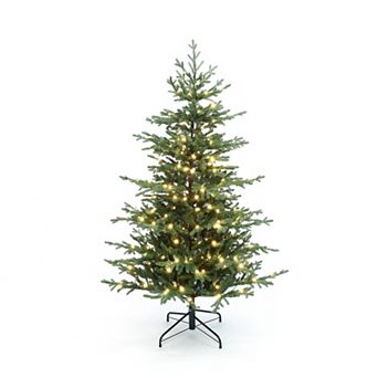 LuxenHome 6Ft Pre-Lit Artificial Fir Christmas Tree, Green Branches with Warm Lights & Metal Stand