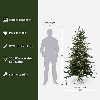 LuxenHome 6Ft Pre-Lit Artificial Fir Christmas Tree, Green Branches with Warm Lights & Metal Stand