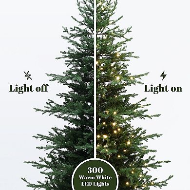 LuxenHome 6Ft Pre-Lit Artificial Fir Christmas Tree, Green Branches with Warm Lights & Metal Stand