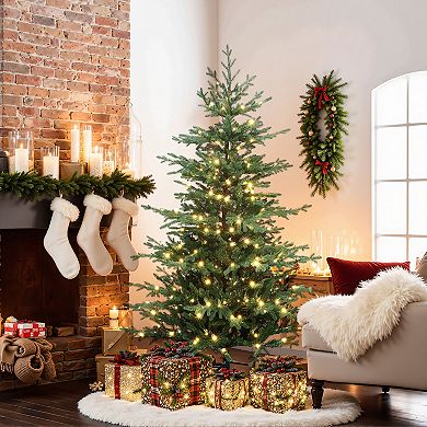 LuxenHome 6Ft Pre-Lit Artificial Fir Christmas Tree, Green Branches with Warm Lights & Metal Stand