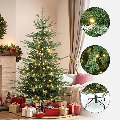 LuxenHome 6Ft Pre-Lit Artificial Fir Christmas Tree, Green Branches with Warm Lights & Metal Stand