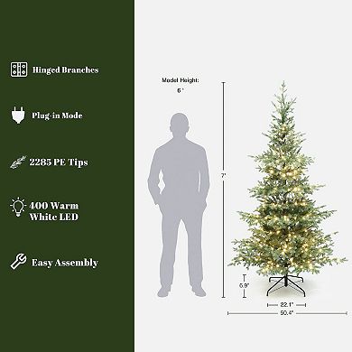 LuxenHome 7Ft Pre-Lit Artificial Pine Christmas Tree with Dusty Green PE Tips & Metal Stand