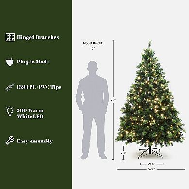 LuxenHome 7.5Ft Pre-Lit Green Full Artificial Pine Christmas Tree with Metal Stand