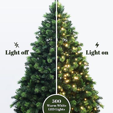 LuxenHome 7.5Ft Pre-Lit Green Full Artificial Pine Christmas Tree with Metal Stand