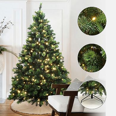 LuxenHome 7.5Ft Pre-Lit Green Full Artificial Pine Christmas Tree with Metal Stand