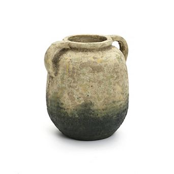 LuxenHome Old-World Brown with Green Bottom 9.8-Inch Tall Round Terracotta Vase with Handles