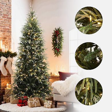 LuxenHome 7.5Ft Pre-Lit Green and Flocked Slim Artificial Christmas Tree with Metal Stand