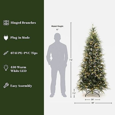 LuxenHome 7.5Ft Pre-Lit Green and Flocked Slim Artificial Christmas Tree with Metal Stand