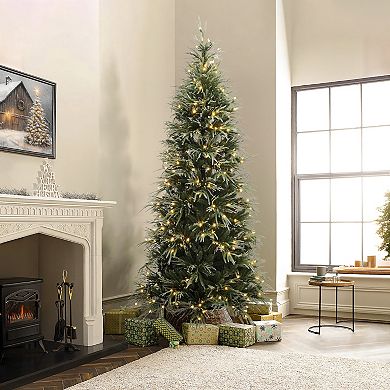 LuxenHome 7.5Ft Pre-Lit Green and Flocked Slim Artificial Christmas Tree with Metal Stand