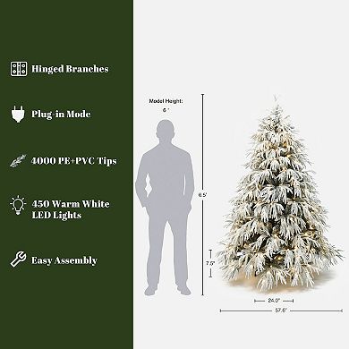 LuxenHome 6.5Ft Pre-Lit Mixed Snowy Branches Artificial Christmas Tree with Metal Stand