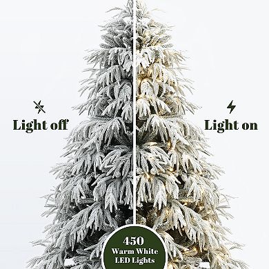 LuxenHome 6.5Ft Pre-Lit Mixed Snowy Branches Artificial Christmas Tree with Metal Stand