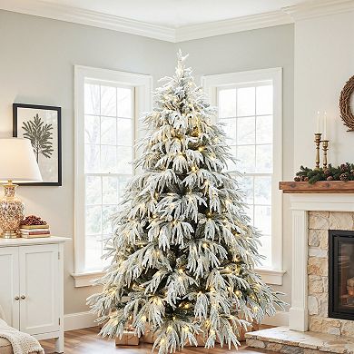 LuxenHome 6.5Ft Pre-Lit Mixed Snowy Branches Artificial Christmas Tree with Metal Stand