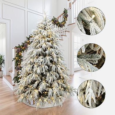 LuxenHome 6.5Ft Pre-Lit Mixed Snowy Branches Artificial Christmas Tree with Metal Stand