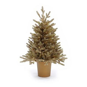 LuxenHome 3Ft Gold Branches Artificial Pine Christmas Tree with Battery-Operated Lights and Gold Pot