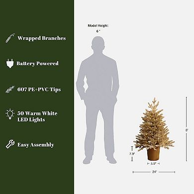 LuxenHome 3Ft Gold Branches Artificial Pine Christmas Tree with Battery-Operated Lights and Gold Pot
