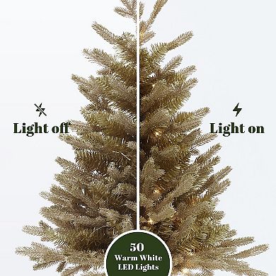 LuxenHome 3Ft Gold Branches Artificial Pine Christmas Tree with Battery-Operated Lights and Gold Pot