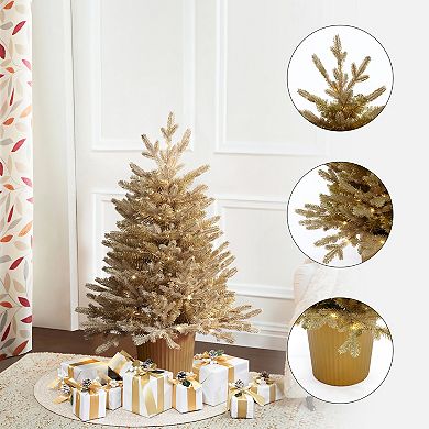 LuxenHome 3Ft Gold Branches Artificial Pine Christmas Tree with Battery-Operated Lights and Gold Pot