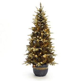 LuxenHome 4.5Ft Pre-Lit Gold-Tipped Branches Artificial Christmas Tree with Modern MgO Pot
