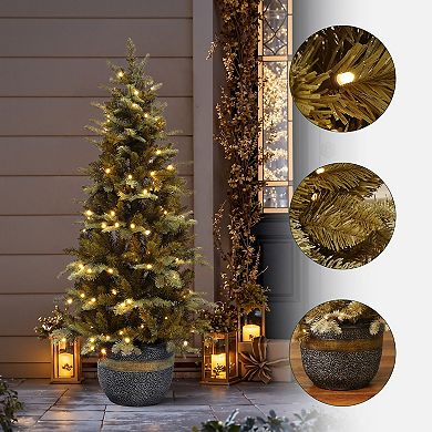 LuxenHome 4.5Ft Pre-Lit Gold Branches Artificial Christmas Tree with Modern MgO Pot