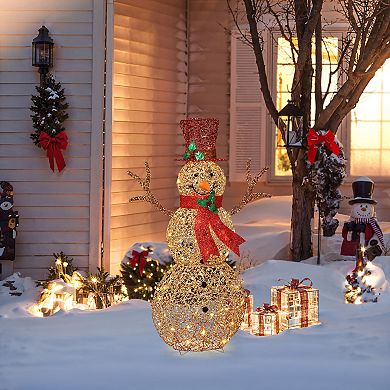 LuxenHome 4Ft Champagne Gold PET Snowman Outdoor Holiday Decoration with Lights