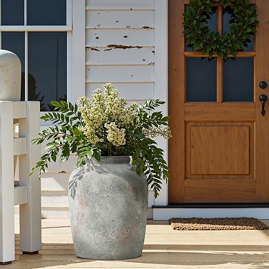 LuxenHome Rustic Old-World Gray with Brown 13.4-Inch Tall Round Terracotta Jug Vase with Handles