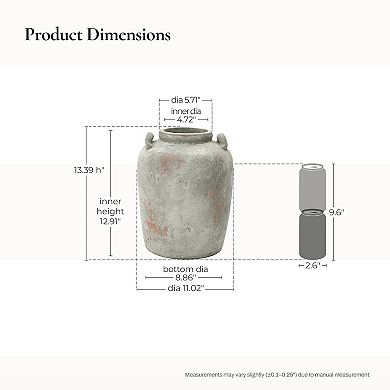 LuxenHome Rustic Old-World Gray with Brown 13.4-Inch Tall Round Terracotta Jug Vase with Handles
