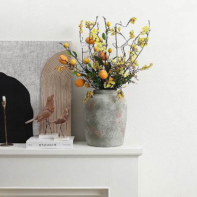 LuxenHome Rustic Old-World Gray with Brown 13.4-Inch Tall Round Terracotta Jug Vase with Handles