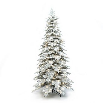 LuxenHome 7Ft Pre-Lit Flocked Artificial Slender Tree with Adjustable Lights and Metal Stand