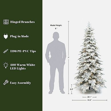 LuxenHome 7Ft Pre-Lit Flocked Artificial Slender Tree with Adjustable Lights and Metal Stand