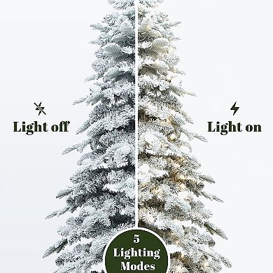 LuxenHome 7Ft Pre-Lit Flocked Artificial Slender Tree with Adjustable Lights and Metal Stand